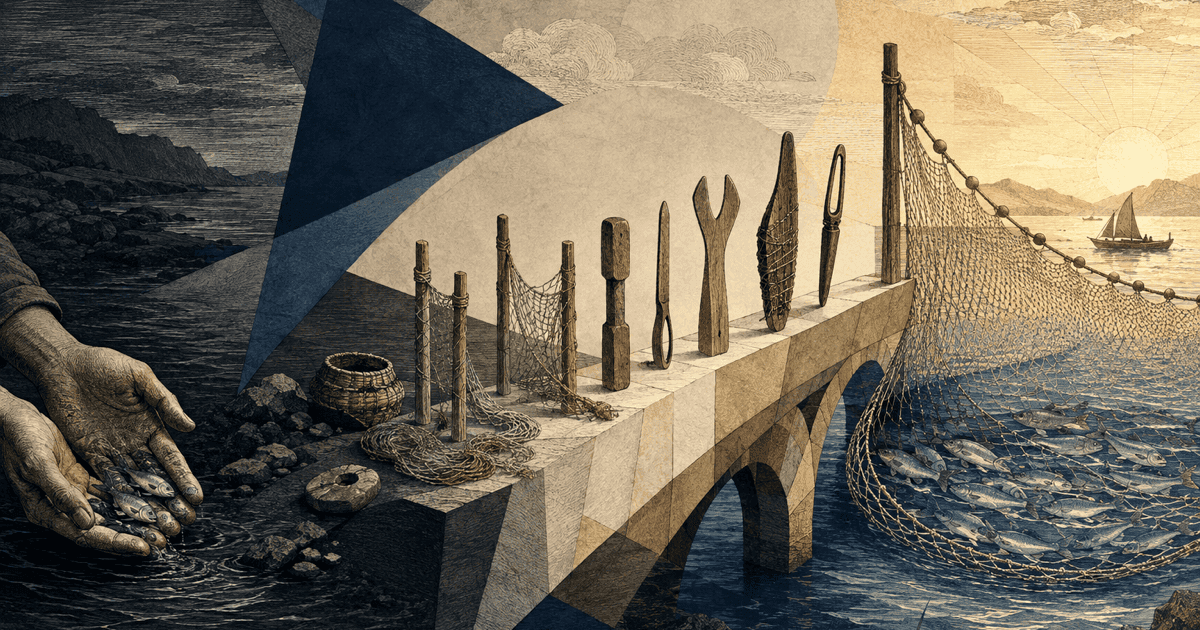 Hands, tools, and a fishing net bridge present sacrifice to greater future output.